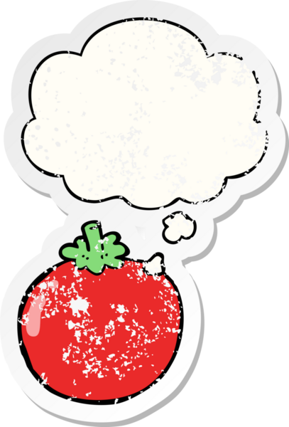 Düşünce baloncuklu çizgi film domatesleri insan tarafından çizilmiş yıpranmış bir çıkartma gibi.
