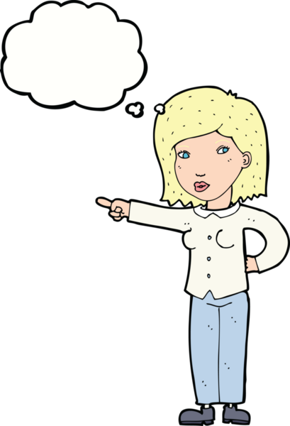 Bir insan tarafından çizilmiş düşünce balonuyla işaret eden çizgi film kadını.