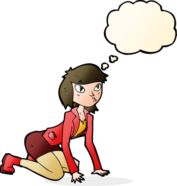 Bir insan tarafından çizilmiş düşünce baloncuğuyla elleri ve dizleri üzerinde çizgi film kadını.