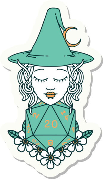 Bir insan tarafından çizilmiş doğal yirmi zarlı elf büyücü karakterinin çıkartması.