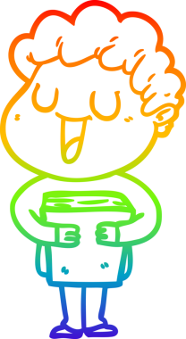 Gökkuşağı gradyan çizgisi, gülen bir çizgi film adamı ve bir insan tarafından çizilmiş bir kitap.