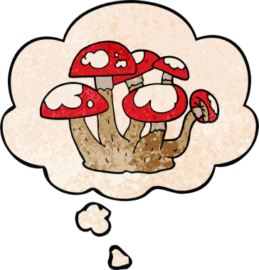 Bir insan tarafından çizilmiş grunge desenli düşünce baloncuklu mantarlar.