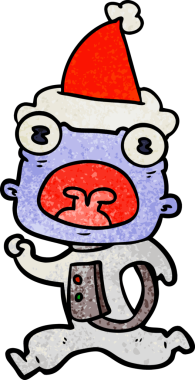 Bir insan tarafından çizilmiş Noel Baba şapkasıyla kaçan garip bir uzaylının el çizimi karikatürü.