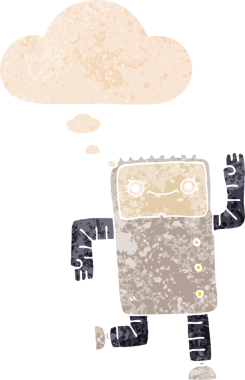 grunge 'da düşünce baloncuğu olan karikatür robotu bir insan tarafından çizilmiş gerilimli retro stil