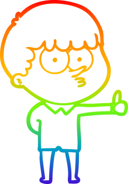 Gökkuşağı gradyan çizimi bir çizgi film meraklısı çocuk bir insan tarafından başparmak işareti çiziyor