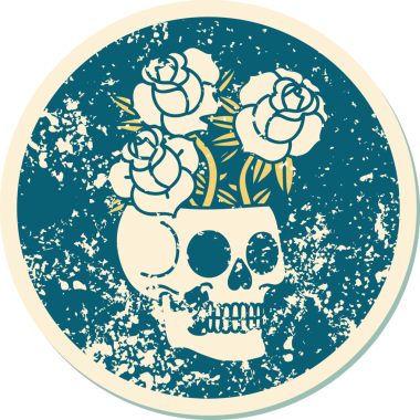 Bir insan tarafından çizilmiş kafatası ve güllerin sembolik dövmeli görüntüsü.
