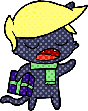 Bir insan tarafından çizilmiş peruklu ve hediyeli konuşan kedi çizgi filmi.