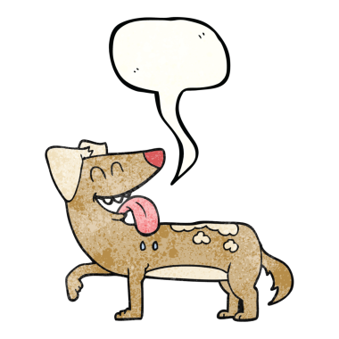 Bir insan tarafından çizilmiş serbest konuşma balonu desenli, nefes nefese bir köpek.