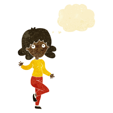 Karikatür dostu kadın bir insan tarafından çizilmiş düşünce balonuyla el sallıyor.