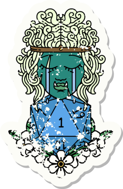 Retro Dövme Tarzı Hüzünlü Ork Barbar Karakter Yüzü Doğal bir D20 ruloyla Bir insan tarafından çizilmiş