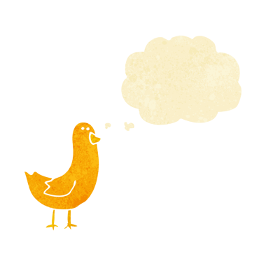 Bir insan tarafından çizilmiş düşünce baloncuklu çizgi film kuşu.