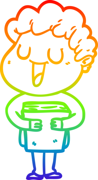 Gökkuşağı gradyan çizgisi, gülen bir çizgi film adamı ve bir insan tarafından çizilmiş bir kitap.