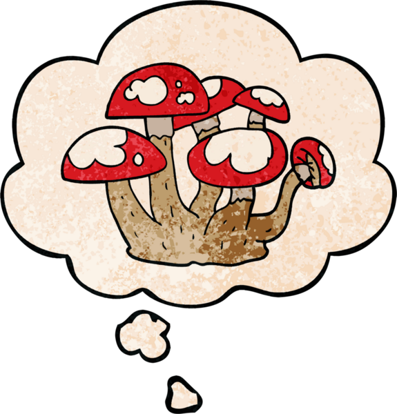 Bir insan tarafından çizilmiş grunge desenli düşünce baloncuklu mantarlar.
