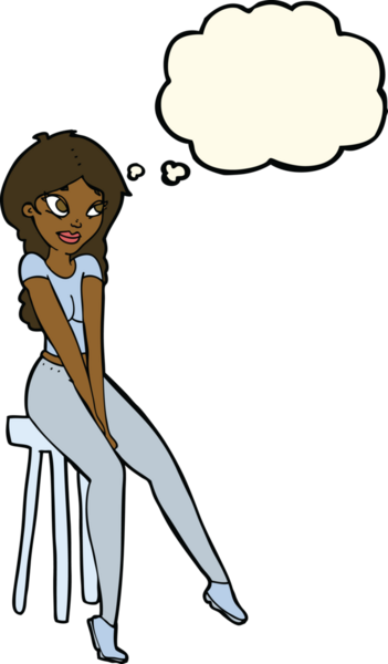 Bir insan tarafından çizilmiş düşünce baloncuğuyla taburedeki güzel kız.