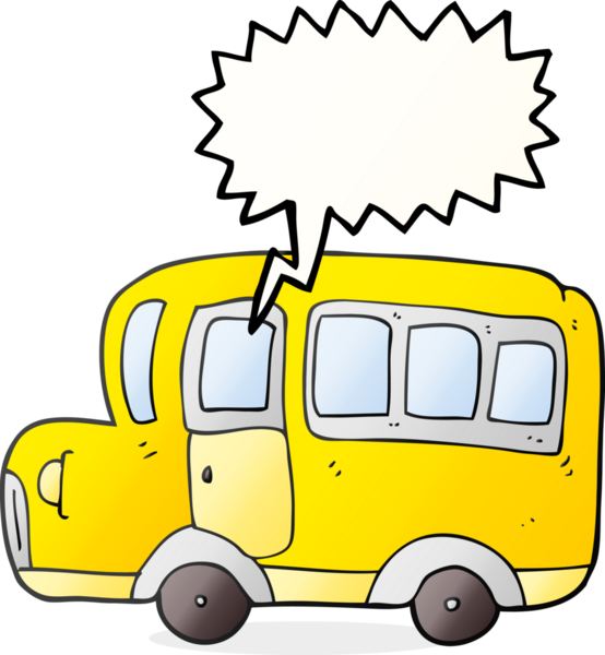 Bir insan tarafından çizilmiş serbest konuşma balonu karikatürü sarı okul otobüsü.