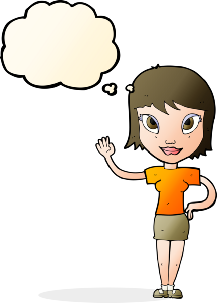 Bir insan tarafından çizilmiş düşünce baloncuğuyla el sallayan çizgi film kadını.