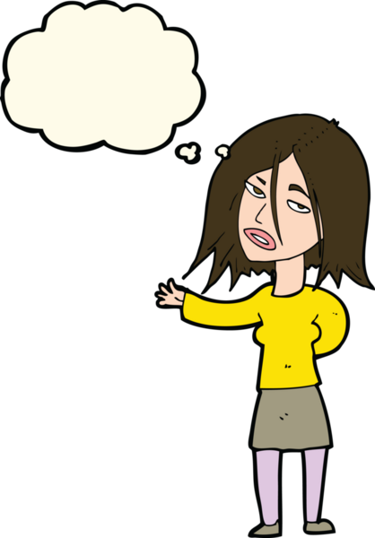 Bir insan tarafından çizilmiş düşünce kabarcığı olan mutsuz bir kadın çizgi filmi.