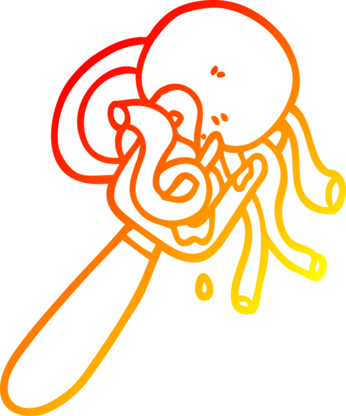 Bir insan tarafından çizilmiş çatal üzerinde köfte ve spagetti çizgi filminin sıcak gradyanı.