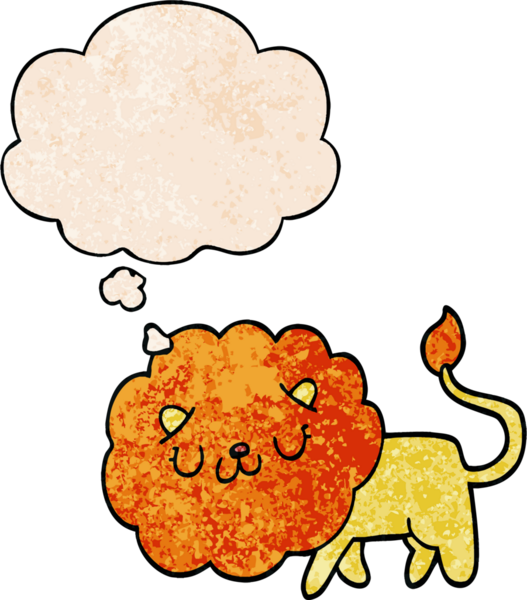 Bir insan tarafından çizilmiş grunge desenli düşünce baloncuklu çizgi film aslanı.