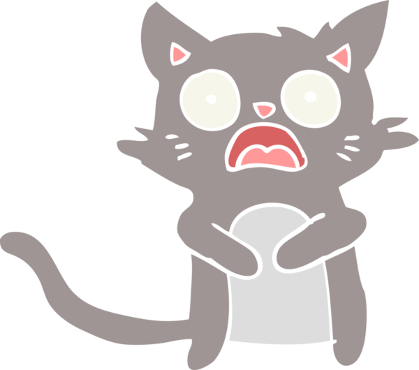 Düz renkli karikatür. Bir insan tarafından çizilmiş korkmuş kedi.