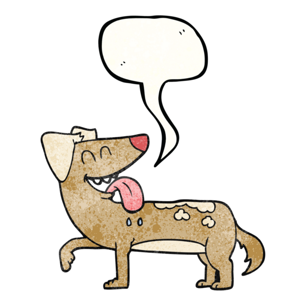 Bir insan tarafından çizilmiş serbest konuşma balonu desenli, nefes nefese bir köpek.