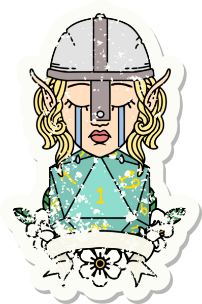 Retro Dövme Tarzı Ağlayan Elf Savaşçısı karakteri yüzü ve bir insan tarafından çizilmiş D20 rulosu.