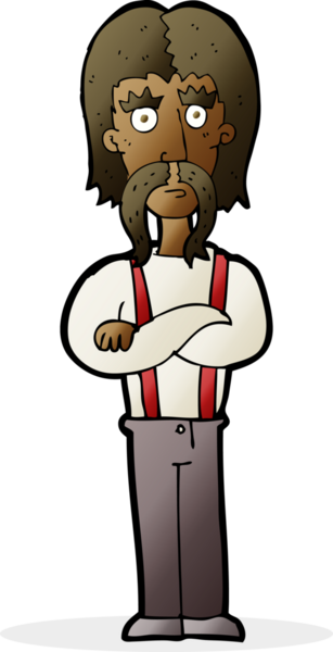 Bir insan tarafından çizilmiş kolları olan uzun bıyıklı bir çizgi film adamı.