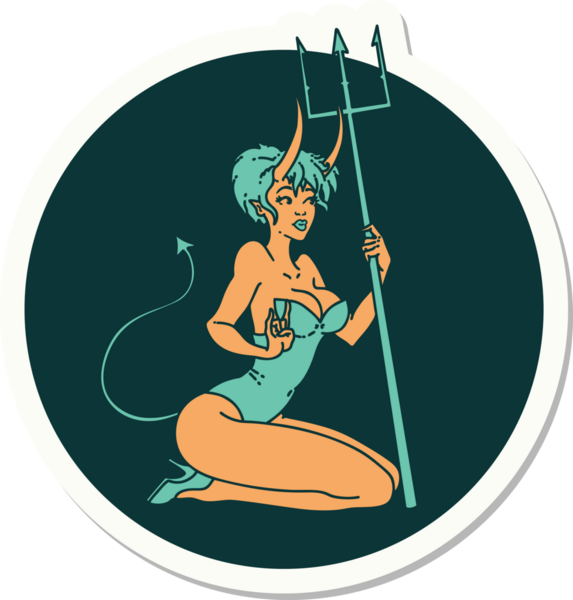 Geleneksel stil dövme çıkartması. Bir insan tarafından çizilmiş şeytan kız resmi.