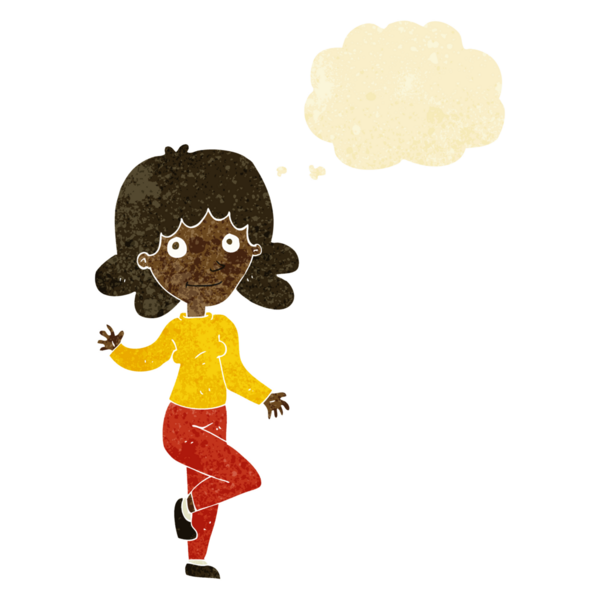 Karikatür dostu kadın bir insan tarafından çizilmiş düşünce balonuyla el sallıyor.