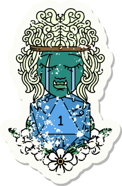 Retro Dövme Tarzı Hüzünlü Ork Barbar Karakter Yüzü Doğal bir D20 ruloyla Bir insan tarafından çizilmiş