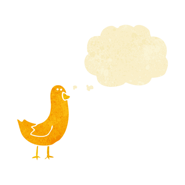 Bir insan tarafından çizilmiş düşünce baloncuklu çizgi film kuşu.