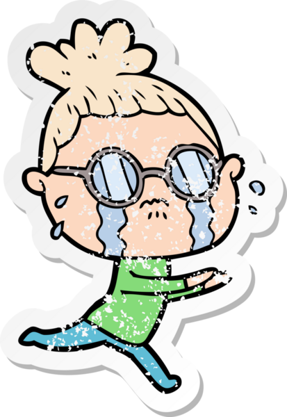 Bir insan tarafından çizilmiş gözlüklü, ağlayan bir karikatür çıkartması.