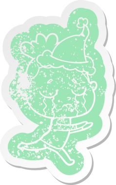 Bir insan tarafından çizilmiş Noel Baba şapkası giymiş ağlayan bir kadının garip bir karikatürü.