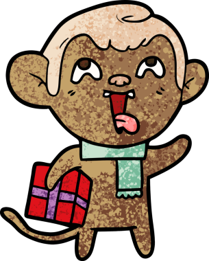 Bir insan tarafından çizilmiş Noel hediyesi olan çılgın çizgi film maymunu.