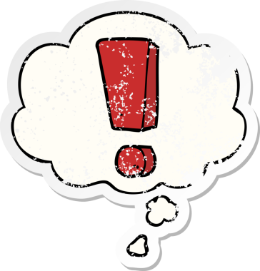 Düşünce baloncuklu çizgi film ünlem bir insan tarafından çizilmiş yıpranmış bir çıkartma gibi