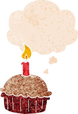 Düşünce baloncuklu doğum günü pastası grunge sıkıntılı retro desenli bir insan tarafından çizilmiş