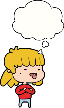 Çizgi filmdeki kız bir insan tarafından çizilmiş düşünce balonuyla dilini dışarı çıkarıyor.