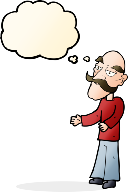 Düşünce baloncuğu çizilmiş bıyıklı yaşlı bir adam.