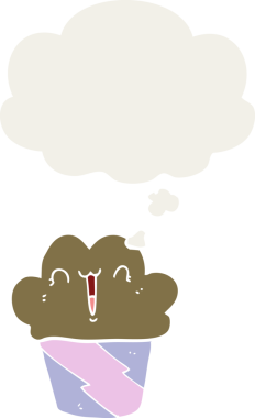 Yüzünde düşünce kabarcığı olan bir insan tarafından çizilmiş bir kek.