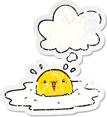 Düşünce baloncuğu olan tatlı bir çizgi film yumurtası insan tarafından çizilmiş yıpranmış bir çıkartma gibi.