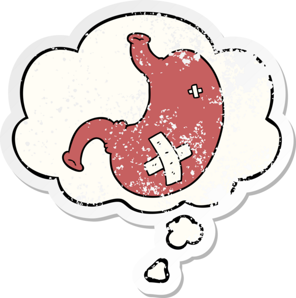 Düşünce baloncuklu çizgi film midesi bir insan tarafından çizilmiş yıpranmış bir çıkartma gibi.