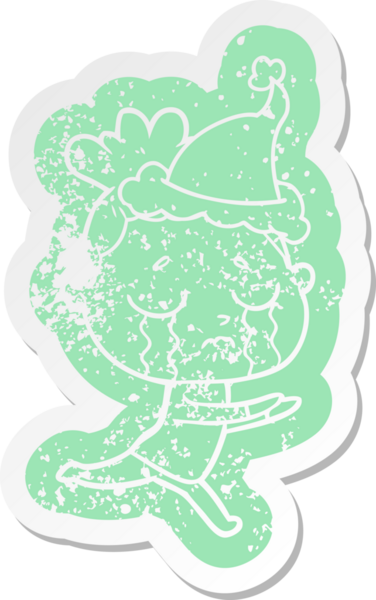 Bir insan tarafından çizilmiş Noel Baba şapkası giymiş ağlayan bir kadının garip bir karikatürü.