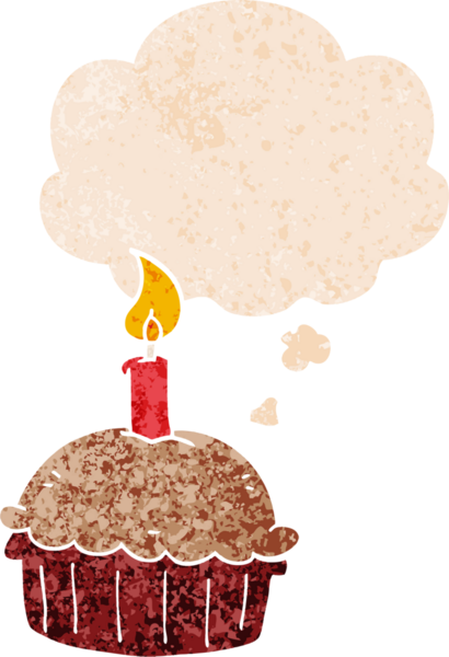 Düşünce baloncuklu doğum günü pastası grunge sıkıntılı retro desenli bir insan tarafından çizilmiş