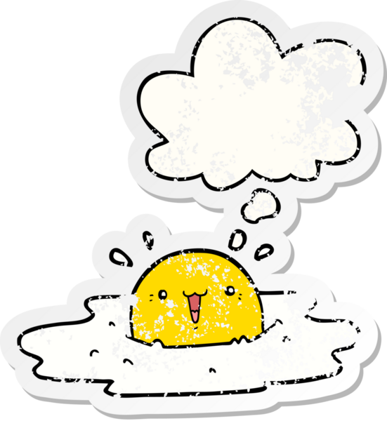 Düşünce baloncuğu olan tatlı bir çizgi film yumurtası insan tarafından çizilmiş yıpranmış bir çıkartma gibi.