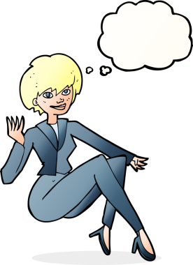 Bir insan tarafından çizilmiş düşünce balonuyla oturan bir iş kadını.