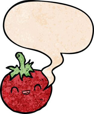 Bir insan tarafından çizilmiş eski dokuma tarzında konuşma baloncuğu olan şirin bir domates.