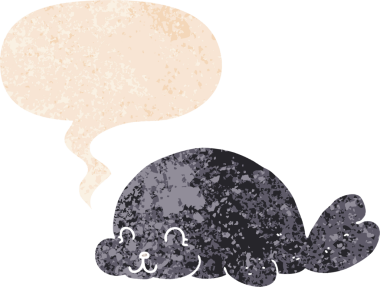 Bir insan tarafından çizilmiş grunge dertli retro desenli konuşma baloncuklu sevimli karikatür fok