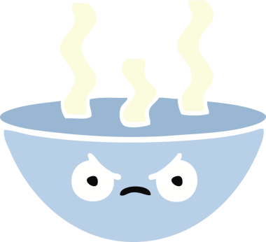 Bir insan tarafından çizilmiş sıcak çorba kasesinin düz renkli retro karikatürü