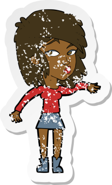 Bir insan tarafından çizilmiş soğukkanlı rolü yapan bir karikatür kadının gerilimli retro yapıştırması.