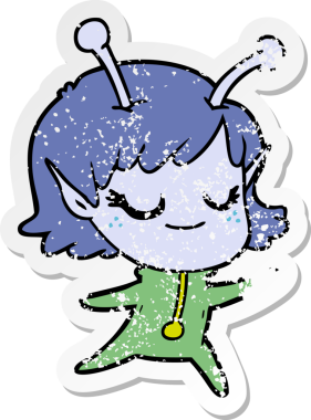 Bir insan tarafından çizilmiş gülümseyen uzaylı kız çizgi filminin sıkıntılı çıkartması.